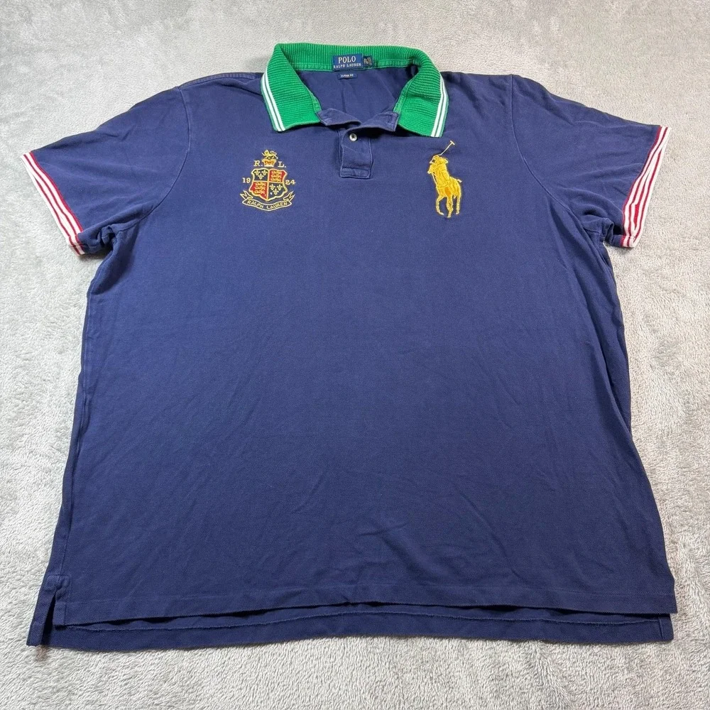 Polo Ralph Lauren Polo Shirt Mens 2XL Blue Big Pony Crest Green Collar Rugby